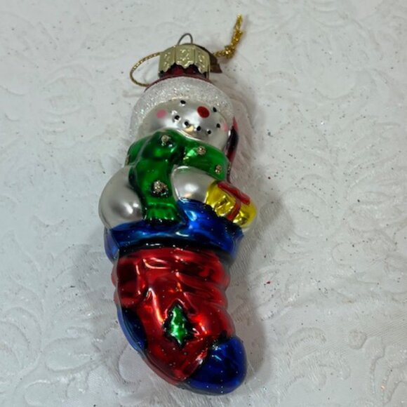 VTG Santa Snowman Hand Blown Glass Glitter Christmas Tree Ornament 1.5"x3.5" - Picture 2 of 5